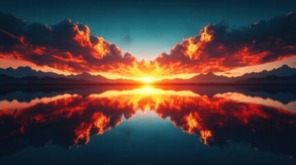 Fiery sunset reflected on calm water