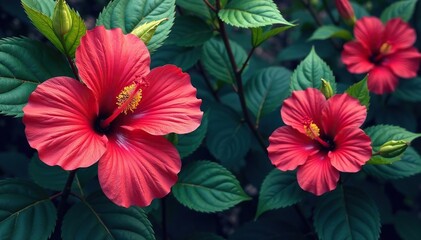 Fototapeta premium Bold hibiscus print, lush foliage, exotic elegance , graphic, art