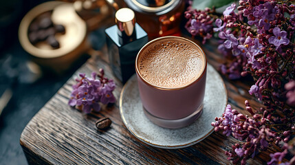 Coffee, Lilacs, Perfume, Wooden Table