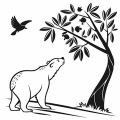 Bear And Bird Looking At Apple Tree Black And White Vector