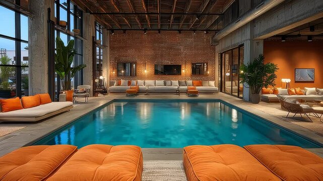 Spacious indoor swimming pool area in modern industrial style interior design