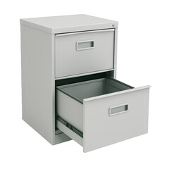 Essential office furniture a two-drawer light gray metal filing cabinet with the bottom drawer extended, ready for organization.