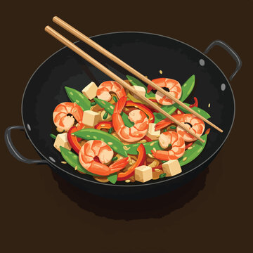 shrimp stir fry in wok with chopsticks clip art preview