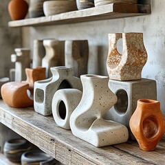 Abstract Ceramic Vases Collection On Wooden Shelves High Resolution Photo