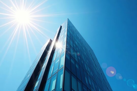 Sunlit glass skyscraper against blue sky in Sydney CBD, highrise, blue sky, Sydney