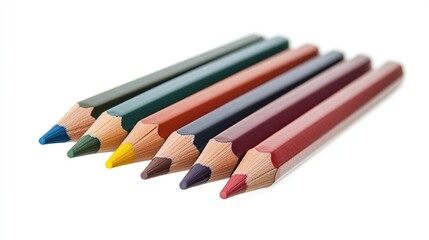 Naklejka premium Five colored pencils arranged diagonally on white background.
