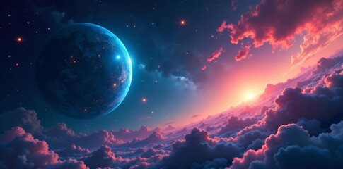 Surreal space scene with shining stars and ethereal planets, planets, glowing, space