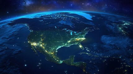 Satellite view of North America at night showcasing city lights and atmospheric glow