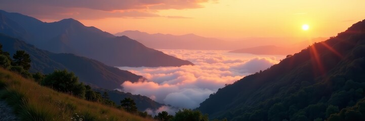 Obraz premium The soft glow of sunrise illuminating the mist-covered valleys below, tranquil, fog, landscape