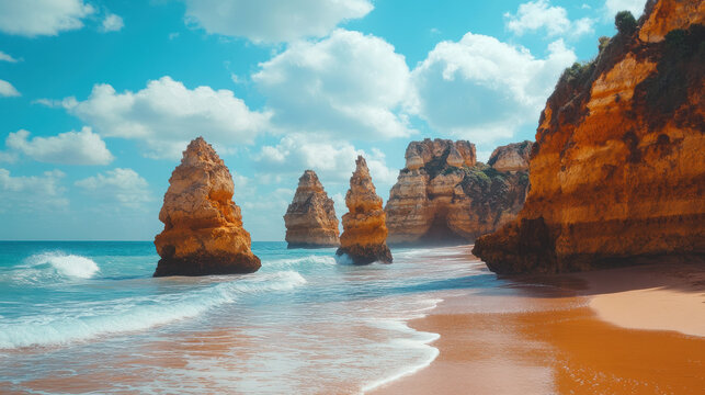 breathtaking view of rocky beach with unique formations showcasing beauty of nature.