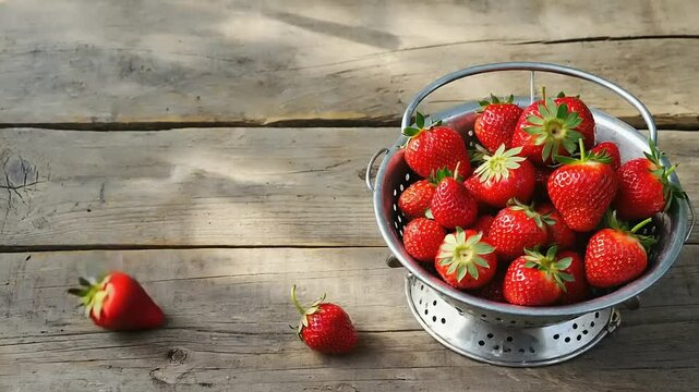 Fresh strawberries in a metal colander on wood.