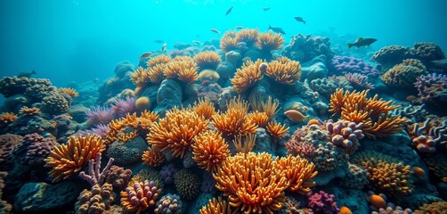Naklejka premium Vibrant, glowing coral reef teeming with diverse marine life, night diving, colorful