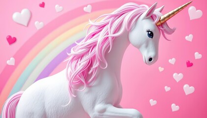 Naklejka premium Whimsical unicorn, rainbow, hearts, pink background, fantasy, magic, pretty, artwork