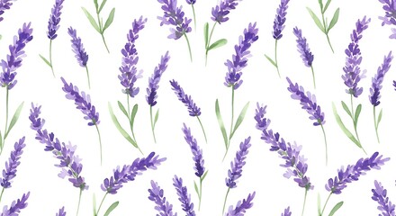 Naklejka premium Lavender Floral Watercolor Pattern with Purple Flowers and Green Leaves