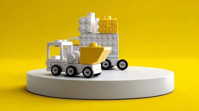 Toy construction truck in bright studio light on yellow base, great for toddler play themes - Video 4K UHD 60 fps