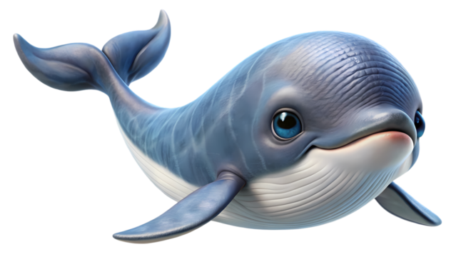 Cartoon Blue Whale with a Gentle Smile and Big Eyes on transparent background