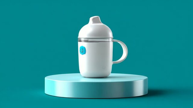 Minimalist sippy cup on aqua pedestal in soft natural light, perfect for infant care themes - Video 4K UHD 60 fps