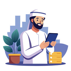 Modern Muslim Holding Phones - Flat Vector Illustration