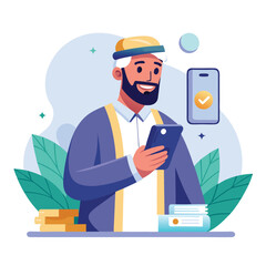 Modern Muslim Holding Phones - Flat Vector Illustration