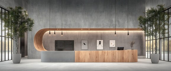 Modern lobby with curved wooden desk, plants, and art pieces. Concrete walls and ambient lighting