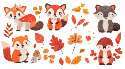 Cute autumnal woodland creatures and foliage set.