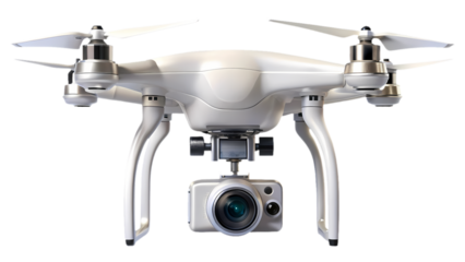 A professional white drone with camera and propellers on transparent background
