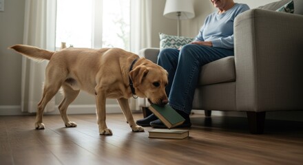 Dog playing with books in a living room. Photo.