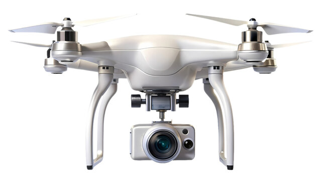 A professional white drone with camera and propellers on transparent background