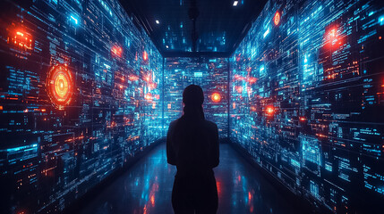 Person Silhouetted in a Futuristic Room with Glowing Digital Data Streams