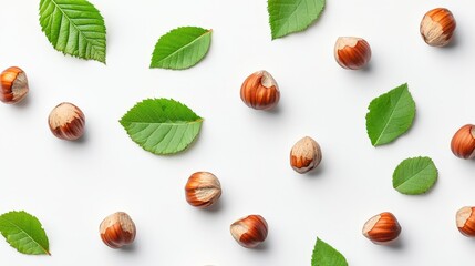 Fresh hazelnuts and leaves on white background natural ingredients for healthy eating