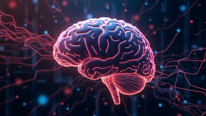 Abstract AI Concept of Brain Activity and Neural Network with Glowing Red and Blue Connections