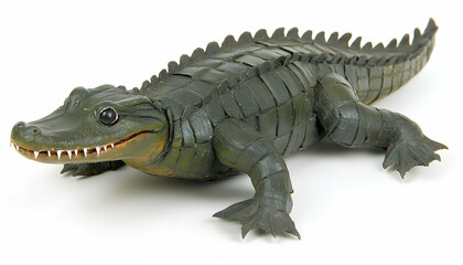 Detailed close-up of a handcrafted alligator figurine, showcasing its textured skin and sharp teeth. Ideal for educational, decorative, or artistic projects.