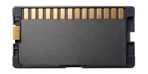 Macro shot of a black SD card with gold electrical contacts visible