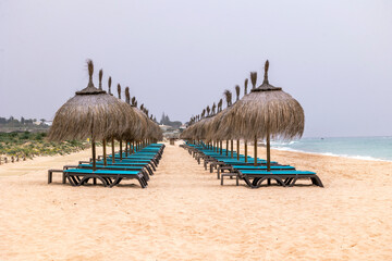 Row of straw parasol umbrellas on the beach © Mauro Rodrigues