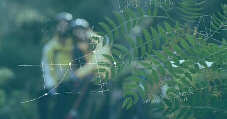 Man and woman standing on forest trail, displaying floating math graphs for tech education - Powered by Adobe