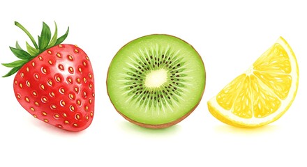 Fresh Fruits Still Life Illustration Strawberry Kiwi Lemon Slice Artwork