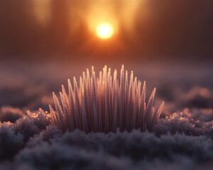 Frosted plant in snowy landscape at sunrise