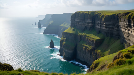 A breathtaking view of the iconic Cliffs of Moher, Ireland, with the azure ocean stretching out beneath the dramatic cliffs, The majestic Cliffs of Moher overlooking the emerald green sea