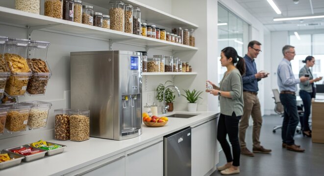 Office Break Room with Snacks and People - Photo
