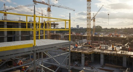 Naklejka premium Construction Site Panorama: Workers and Cranes Building Modern Cityscape at Sunset