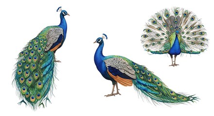 Fototapeta premium Elegant Peacock Group Illustration with Detailed Plumage and Bright Colors
