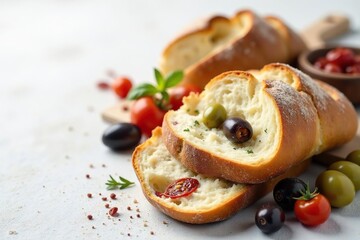 Artisanal Italian bread, olives, and sun-dried tomatoes on white , ingredients, italian