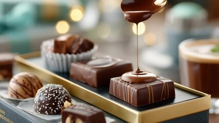 Chocolate candy drizzle with melted chocolate pouring on truffle square dessert sweet confectionery rich creamy indulgence treat