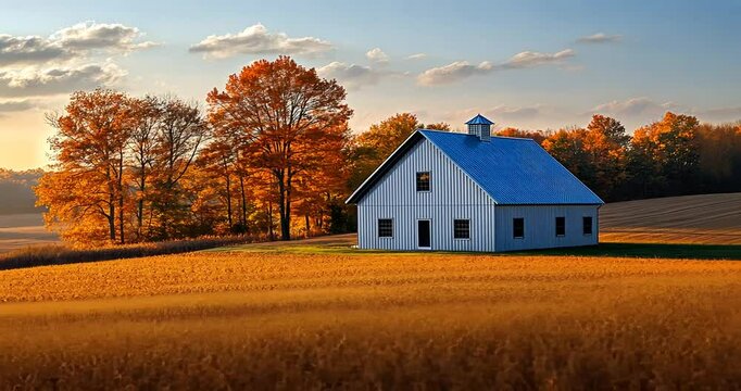 Serene autumn landscape featuring a white barn surrounded by vibrant fall foliage and golden fields