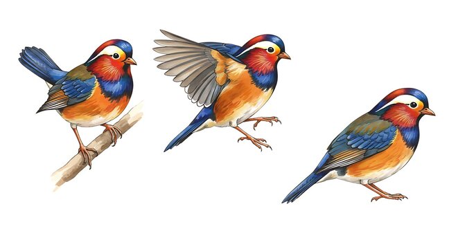 Colorful Rufous-backed Sibia Birds Illustration Set One Perched and One Flying
