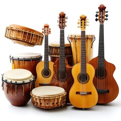 Collection Of Acoustic Guitars And Percussion Instruments In A High Resolution Photo