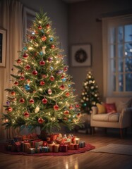 A brightly lit Christmas tree with colorful ornaments, blurred lights create a magical atmosphere ,  colorful,  happy holidays,  fir