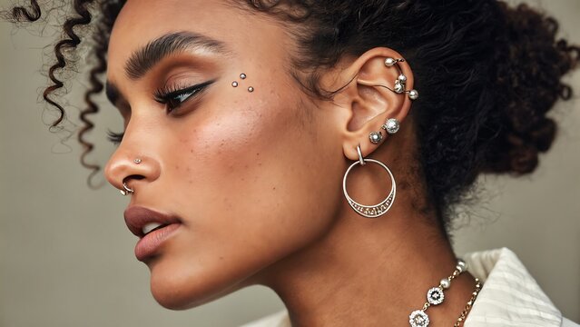 Close up of a woman with multiple piercings and elegant jewelry