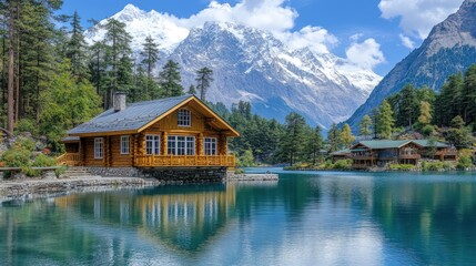 Fototapeta premium Lakeside log cabin amidst snowy peaks