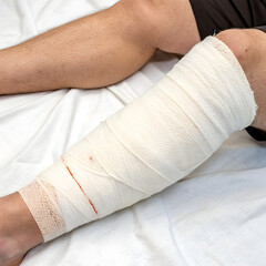 Close up of bandage on a leg